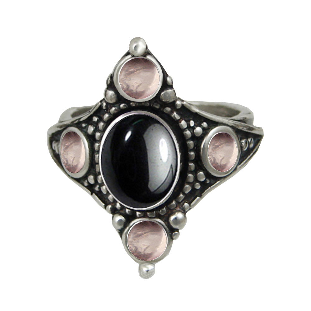 Sterling Silver Renaissance Queen's Ring With Hematite And Rose Quartz Size 10